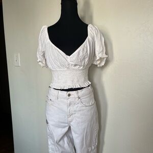 Billabong White Puff Sleeve Cropped Blouse Coastal Cowgirl Bohemian